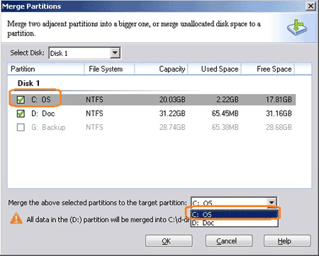 Select partition to merge