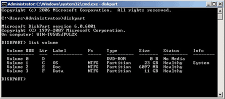 diskpart list volume