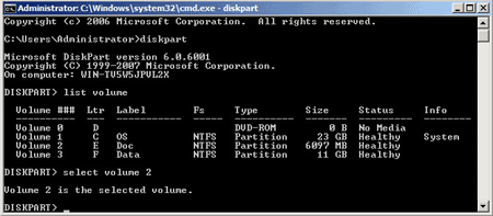 Diskpart select volume
