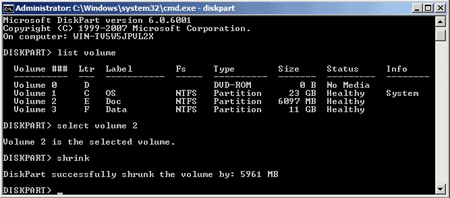 Diskpart shrink volume