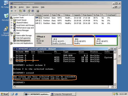 Diskpart failed to extend