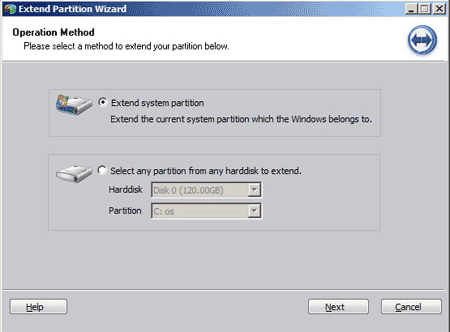 Extend partition wizard