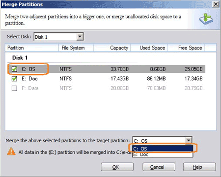 Select partition to merge