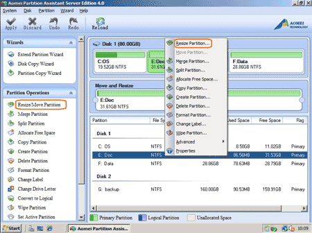 Select resize partition